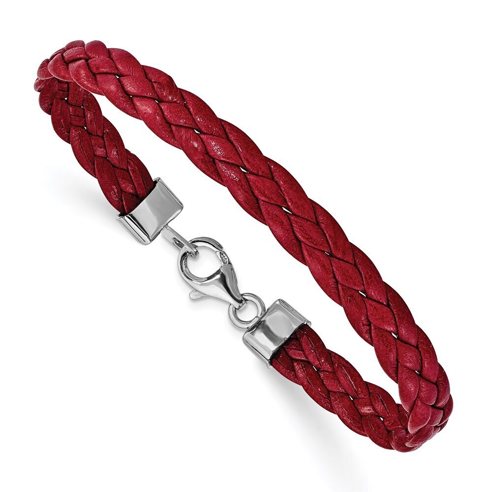Kazi Luxury Sterling Silver Rhodium Plated Red Braided Leather 7 inch Bracelet